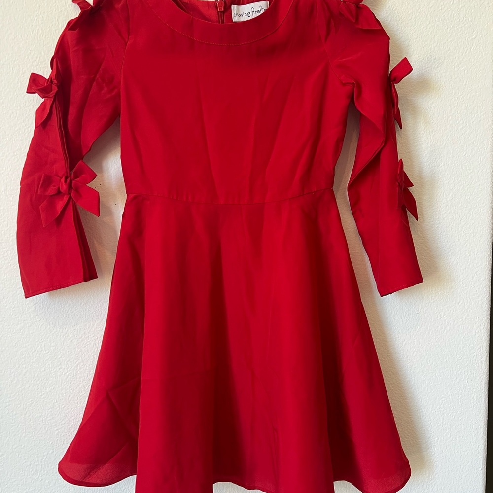 Chasing Fireflies Red Lightweight Dressy Holiday Skater Dress with Bow Sleeves 7